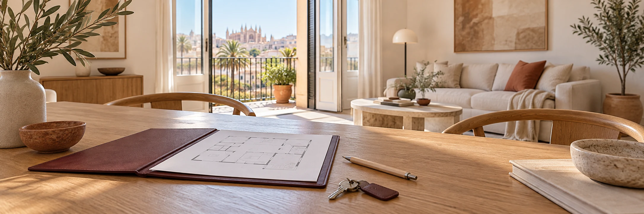 Franja Comision Venta Palma Ilustración de planos y llaves para explicar el servicio de venta de un piso en Palma