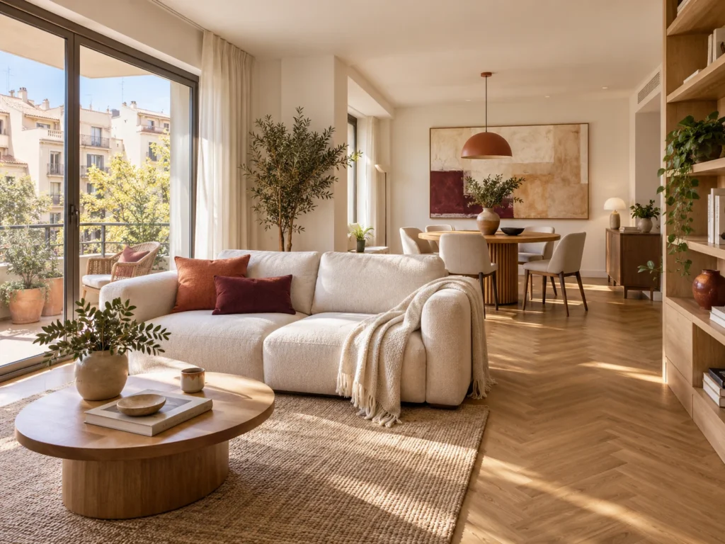 Nuda propiedad de tu piso en Palma · salon y comedor Ilustración creada con IA de un piso luminoso de estilo mediterráneo, con salón, comedor y balcón urbano