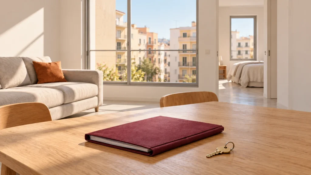 Vender un piso alquilado en Palma opciones del propietario Carpeta y llave sobre una mesa en un piso luminoso: vender un piso alquilado en Palma