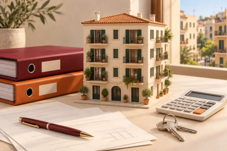 Ilustración conceptual de un bloque de pisos, documentos, calculadora y llaves en un entorno residencial de Palma