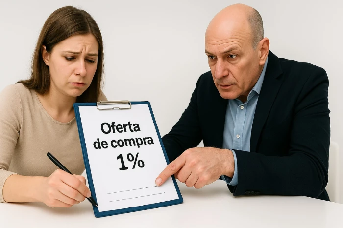 agente inmobiliario presiona a comnpradora para firmar contrato abusivo