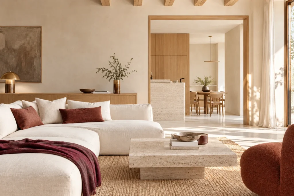 Salón luminoso de estilo mediterráneo, con sofá claro y acabados naturales, para la página de contacto de Fincas Mallorca en Palma