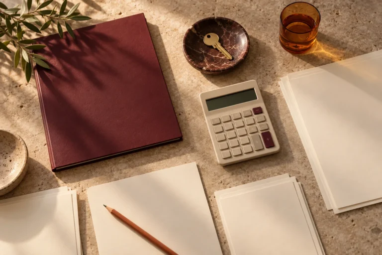 Ilustración de documentos, calculadora y llave para revisar los gastos de vender un piso