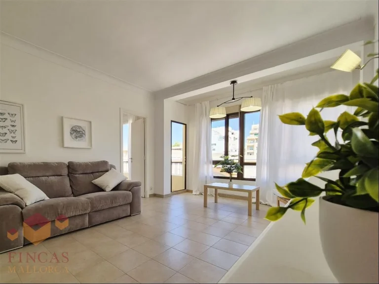Salón con sofá, ventana y mesa junto al ventanal, en Plaza España, Palma